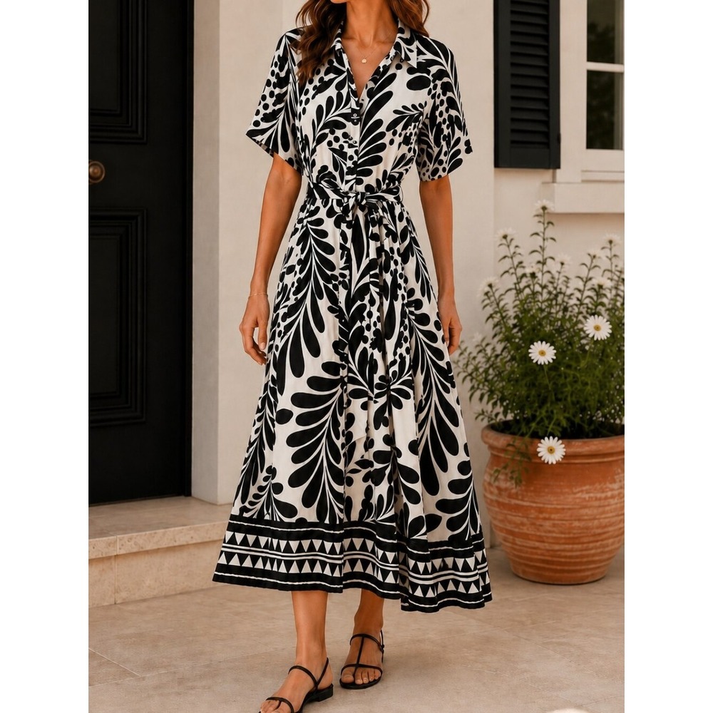 H&M Black White Botanical Leaf Print Button Down Maxi Shirt Dress M Abstract Art